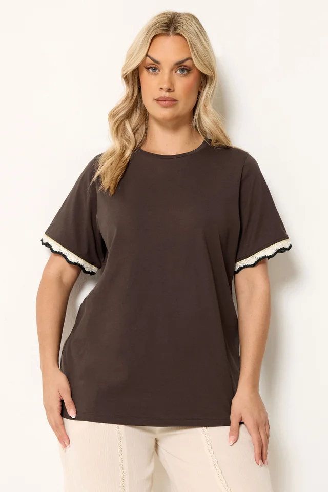 Yours Curve Chocolate Brown Metallic Crochet Trim T-Shirt
