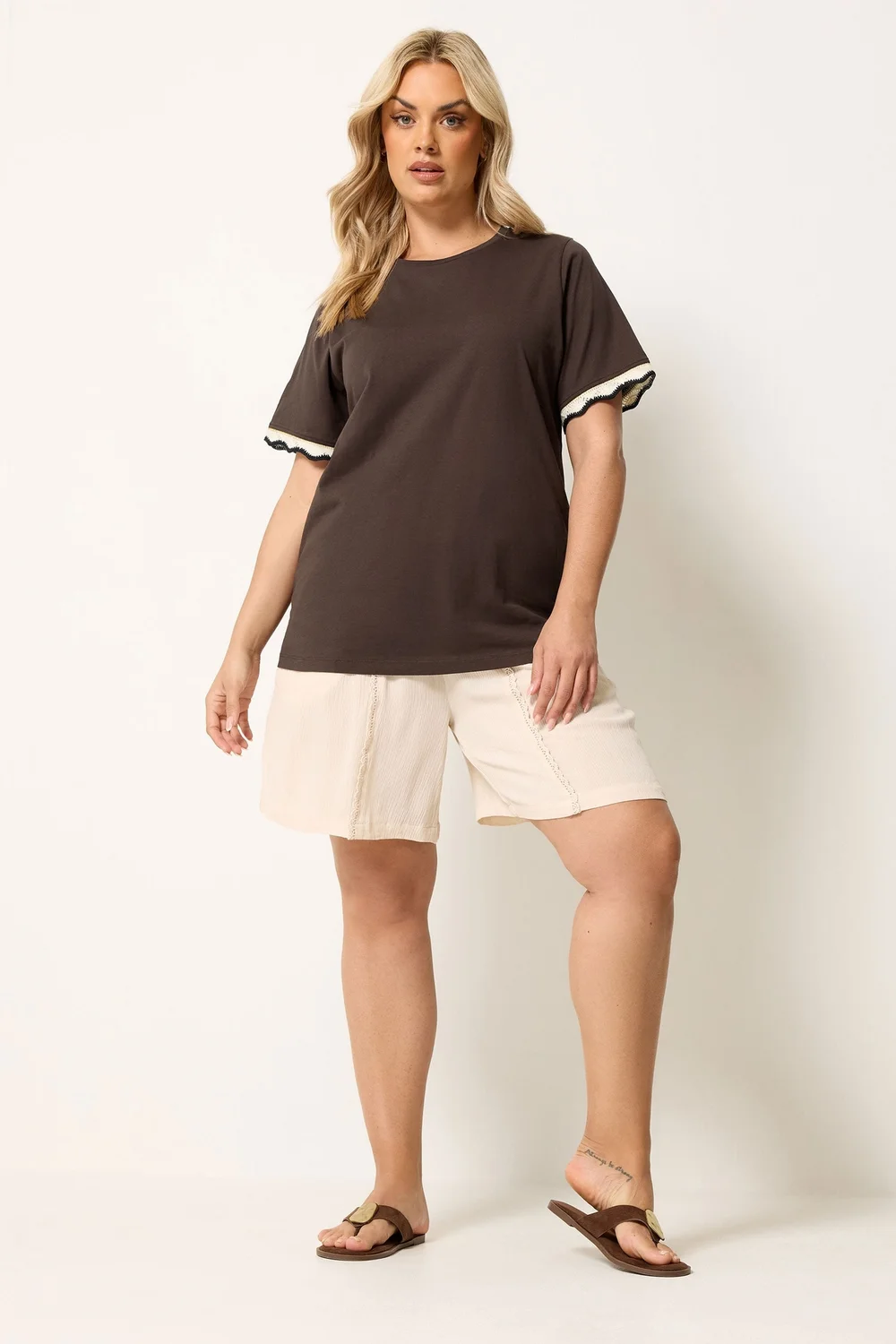 Yours Curve Chocolate Brown Metallic Crochet Trim T-Shirt - 38-40 Image 2
