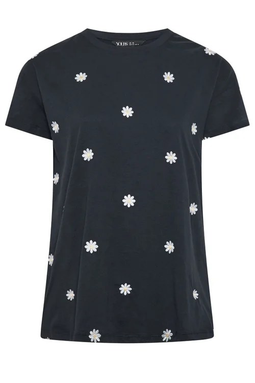 Yours Curve Navy Blue Embroidered Daisy T-Shirt - 30-32 Image 5