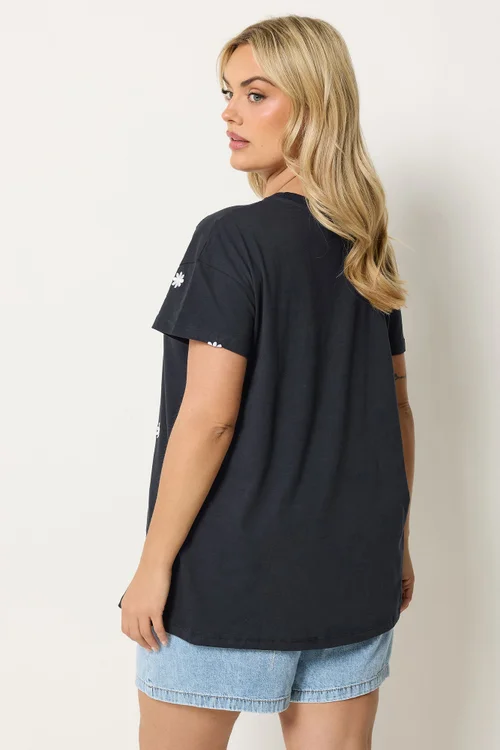 Yours Curve Navy Blue Embroidered Daisy T-Shirt - 30-32 Image 3