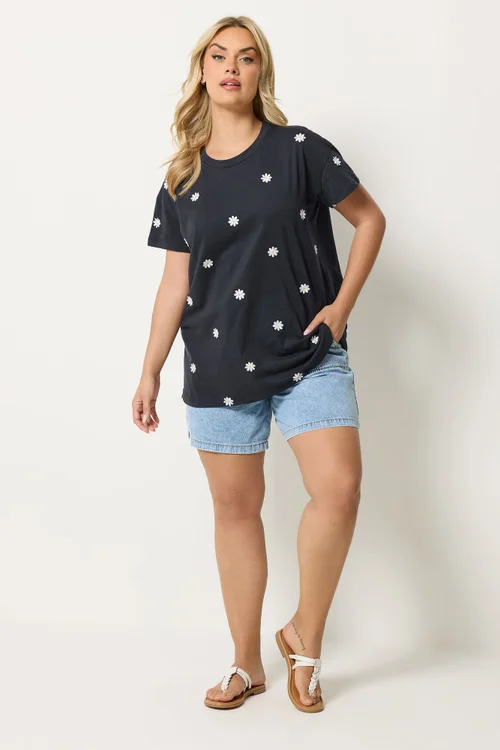 Yours Curve Navy Blue Embroidered Daisy T-Shirt - 30-32 Image 2