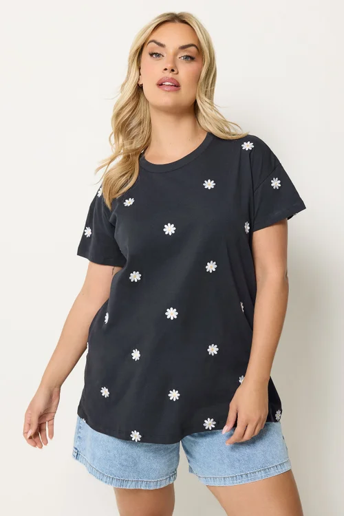 Yours Curve Navy Blue Embroidered Daisy T-Shirt - 30-32 Image 1