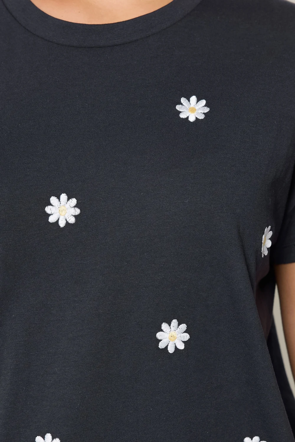 Yours Curve Navy Blue Embroidered Daisy T-Shirt - 30-32 Image 4