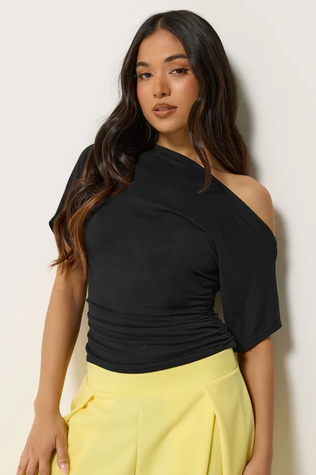 PixieGirl Petite Black Slash Neck Ruched T-Shirt