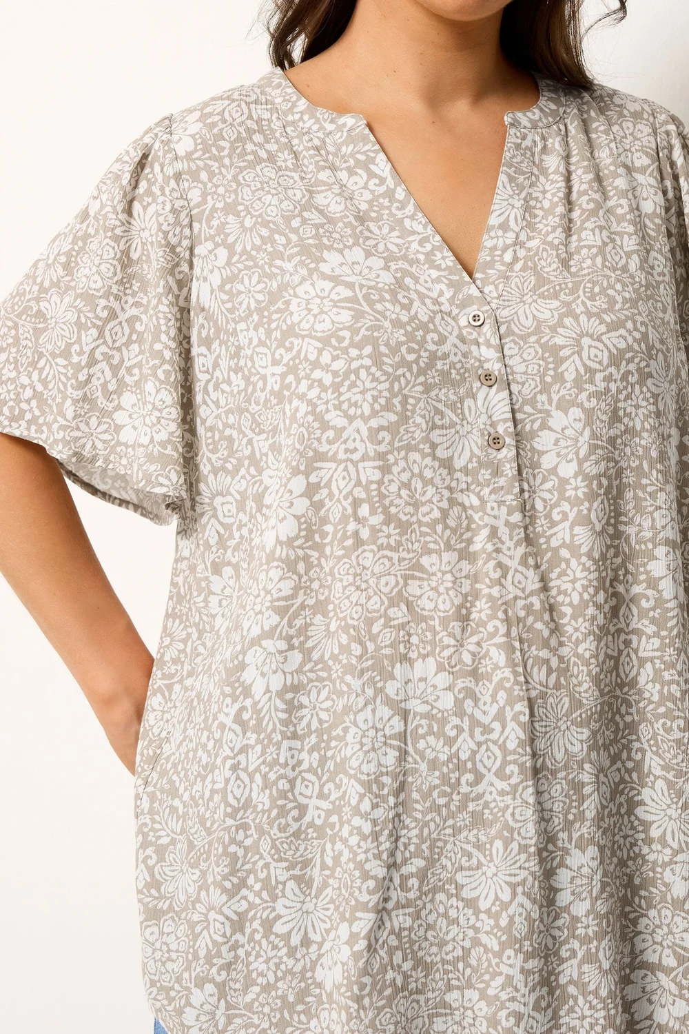 Yours Curve Natural Brown Floral Notch Neck Top - 16 Image 4