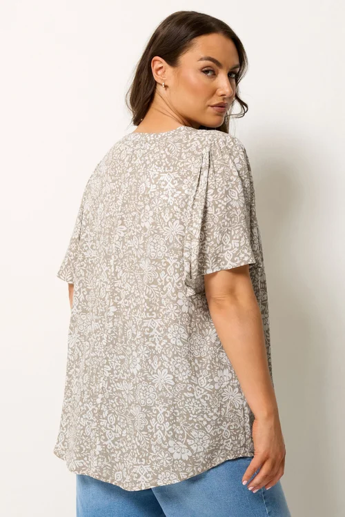 Yours Curve Natural Brown Floral Notch Neck Top - 16 Image 3