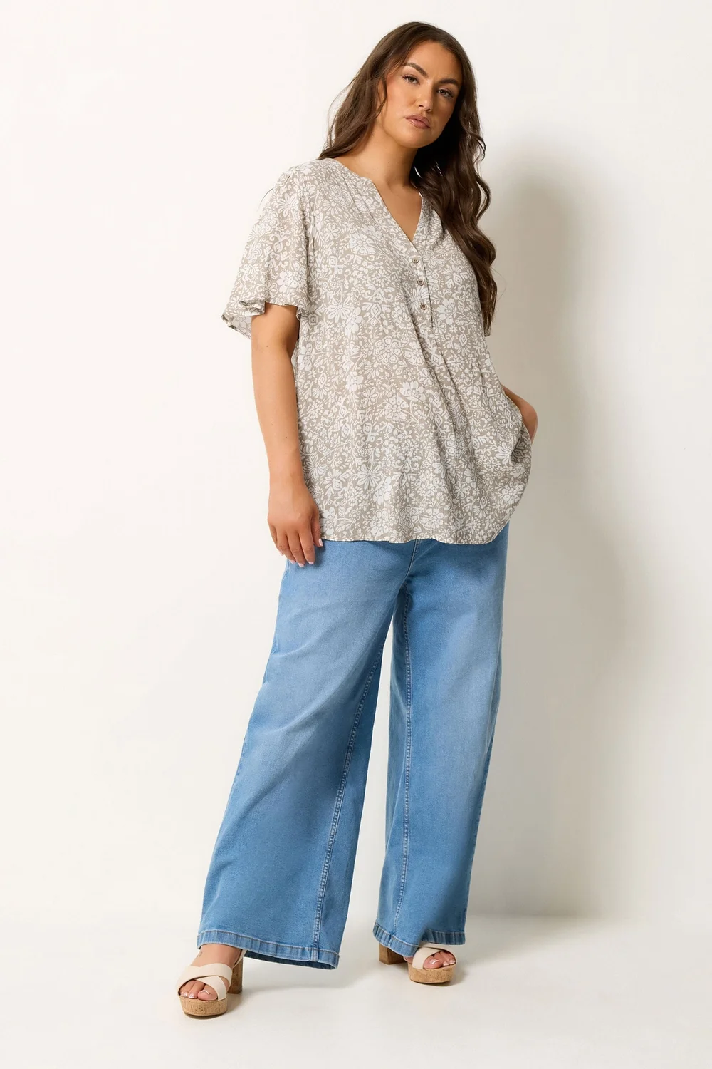 Yours Curve Natural Brown Floral Notch Neck Top - 16 Image 2
