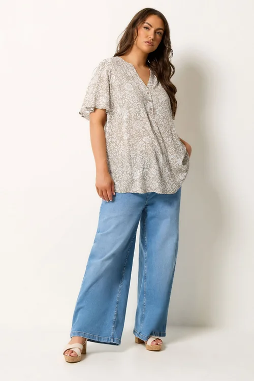 Yours Curve Natural Brown Floral Notch Neck Top - 16 Image 2