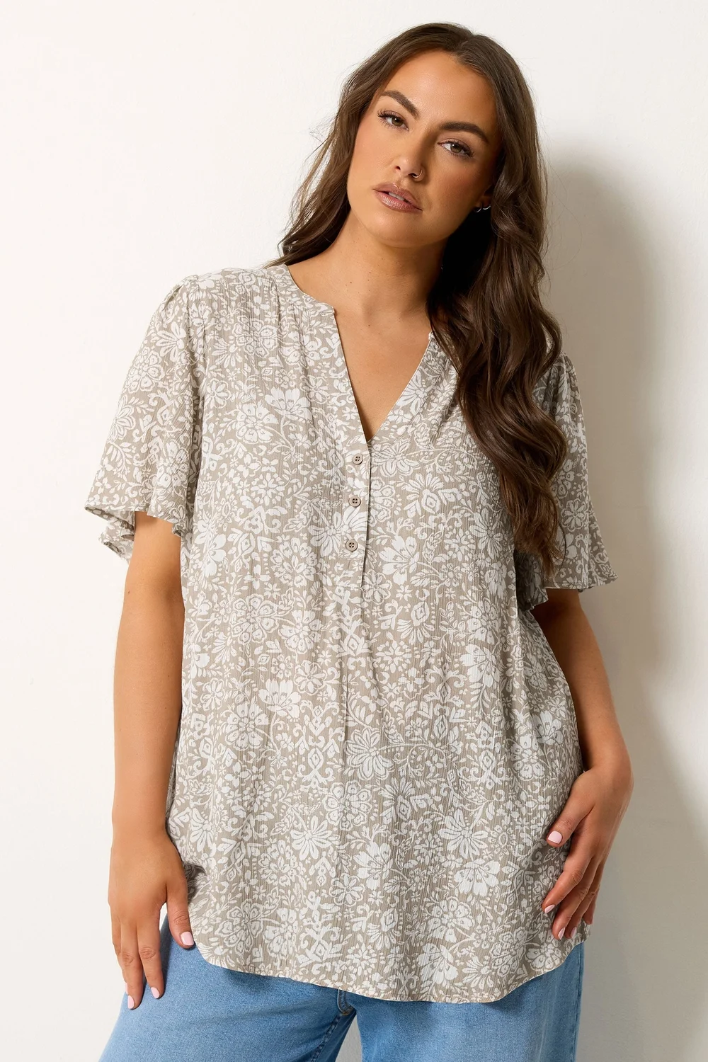 Yours Curve Natural Brown Floral Notch Neck Top - 16 Image 1