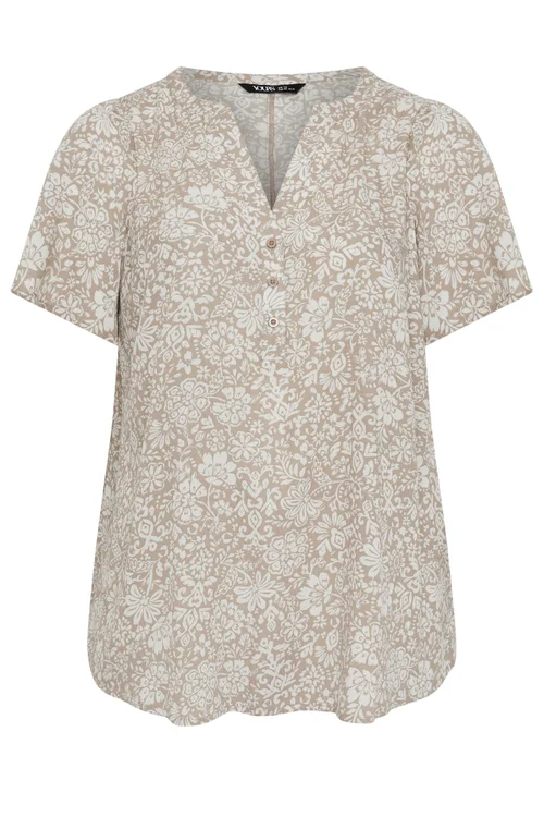 Yours Curve Natural Brown Floral Notch Neck Top - 16 Image 5