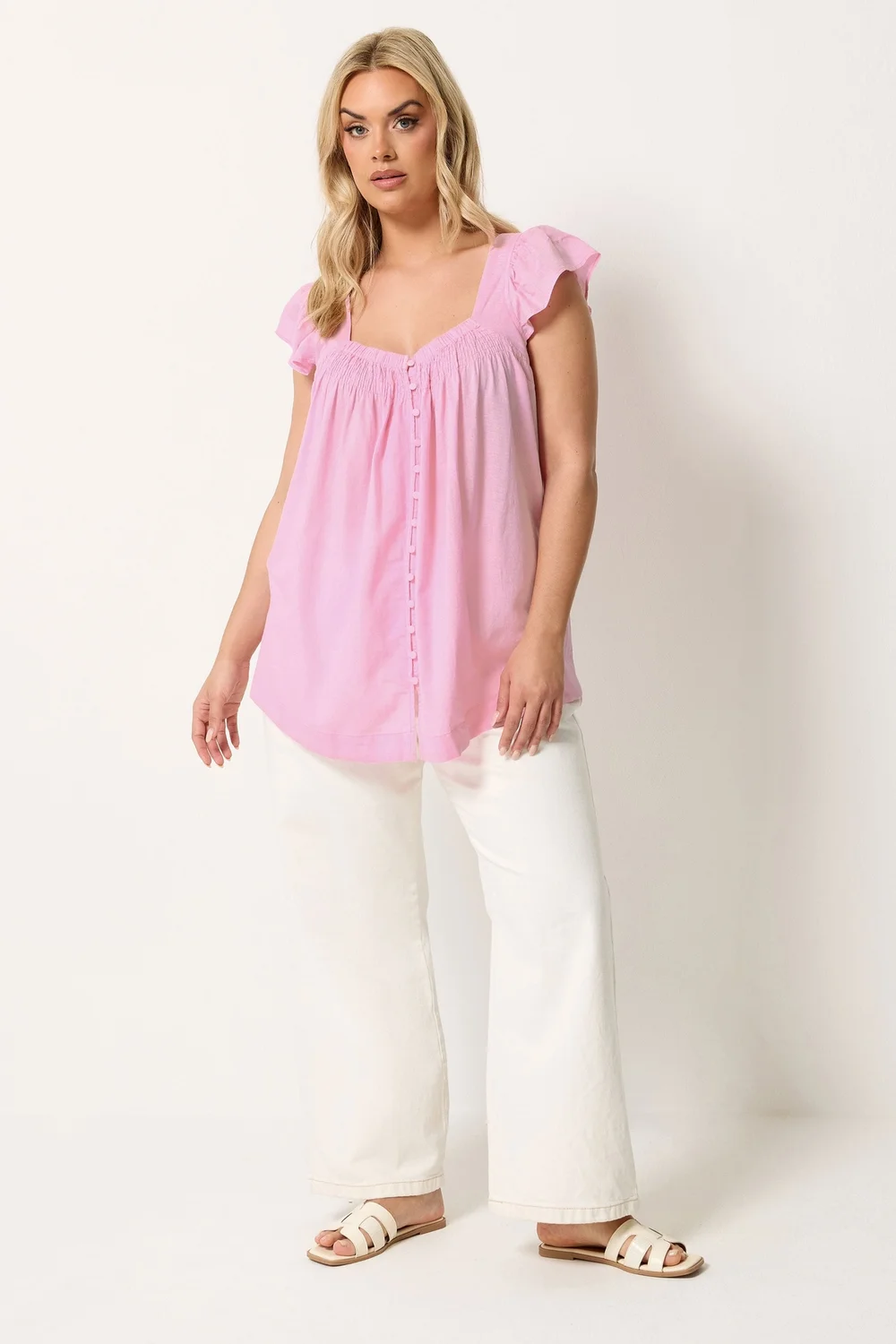 Yours Curve Pink Linen Cap Sleeve Top - 30-32 Image 2