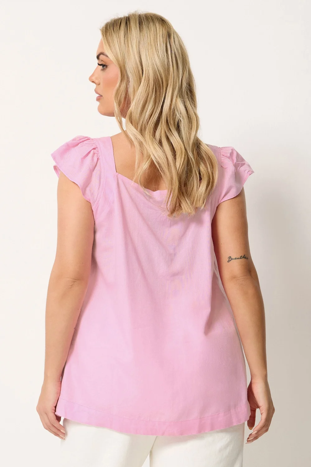 Yours Curve Pink Linen Cap Sleeve Top - 30-32 Image 3