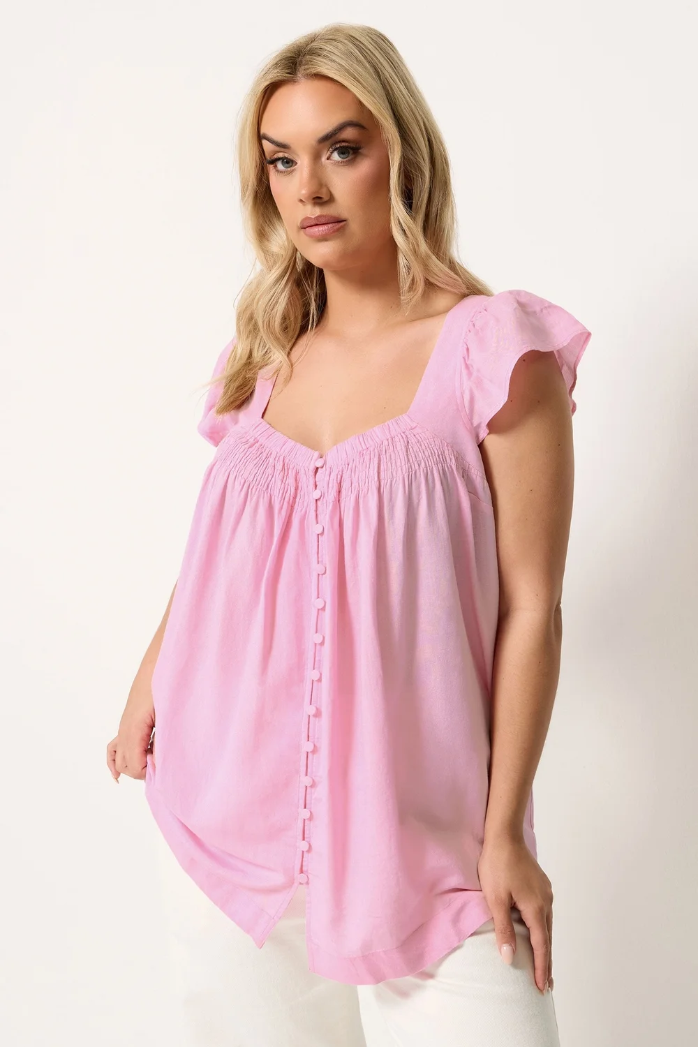 Yours Curve Pink Linen Cap Sleeve Top - 30-32 Image 1