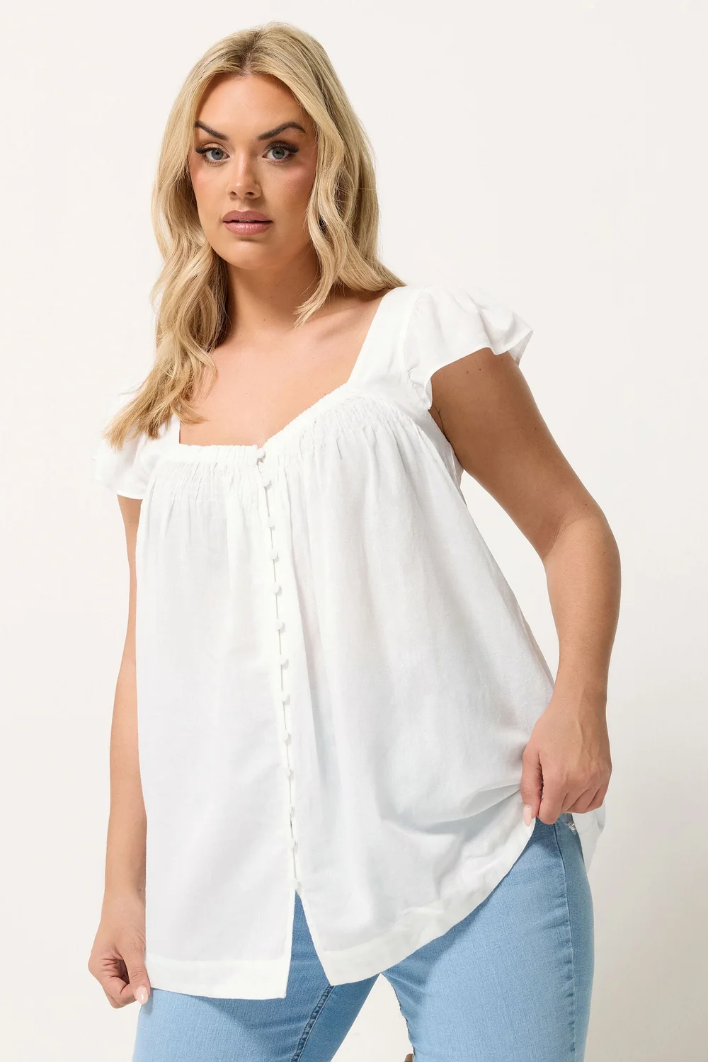 Yours Curve White Linen Cap Sleeve Top - 16 Image 1
