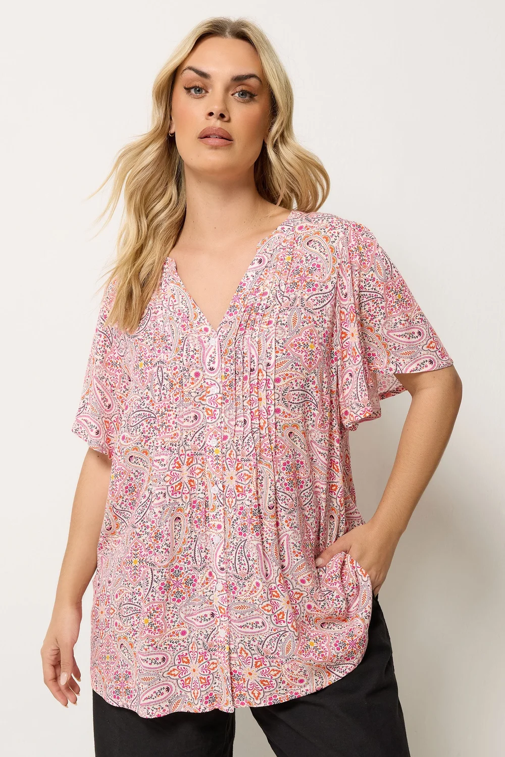Yours Curve Pink Paisley Print Pintuck Blouse - 26-28 Image 1