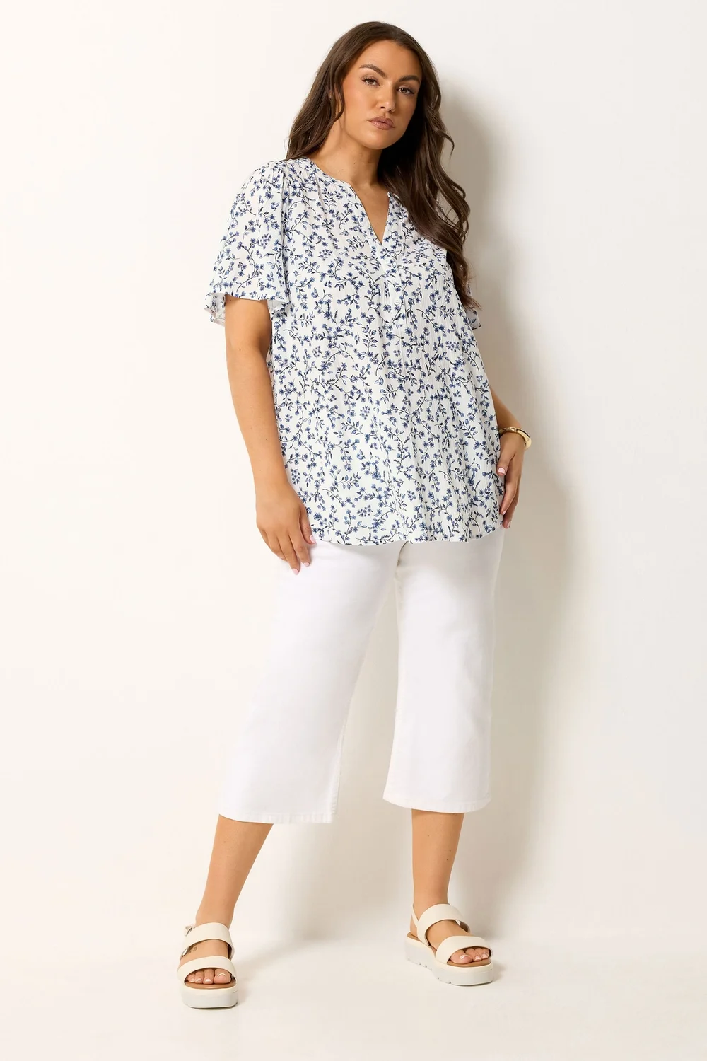 Yours Curve White Ditsy Floral Notch Neck Top - 20 Image 2