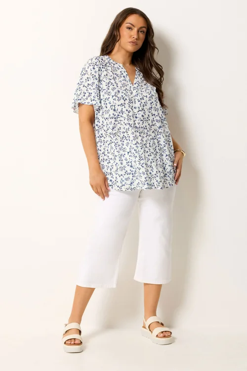 Yours Curve White Ditsy Floral Notch Neck Top - 20 Image 2