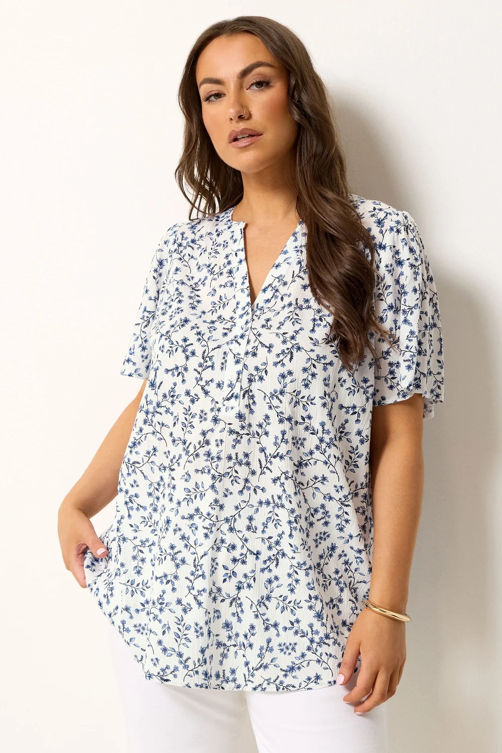 Yours Curve White Ditsy Floral Notch Neck Top - 20 Image 1