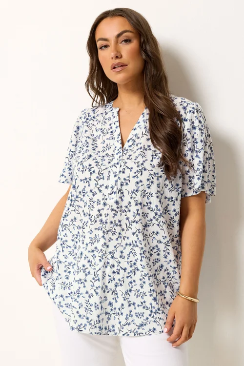 Yours Curve White Ditsy Floral Notch Neck Top - 20 Image 1