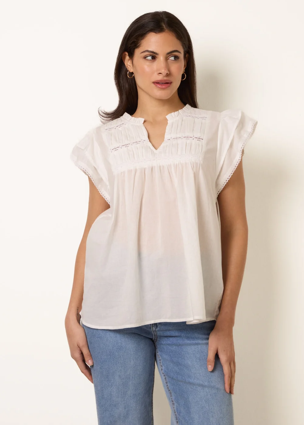 Blue Vanilla Ivory Cotton Embroidery Detail Ruffle Sleeve Top - M Image 1