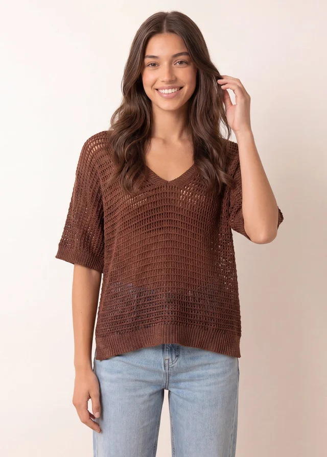 Blue Vanilla Brown Metallic Crochet V Neck Top
