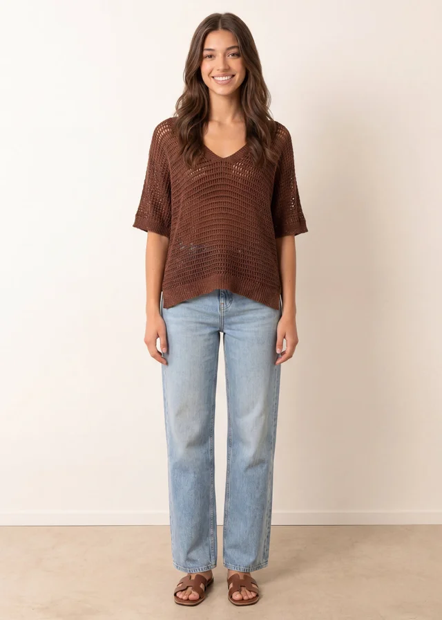 Blue Vanilla Brown Metallic Crochet V Neck Top