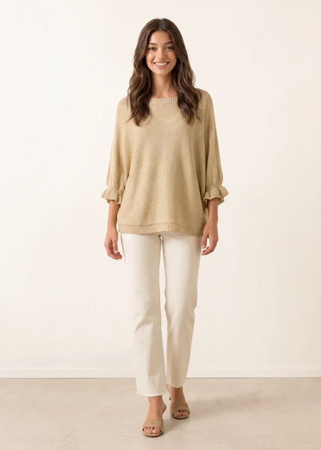 Blue Vanilla Beige Frill Sleeve Metallic Top