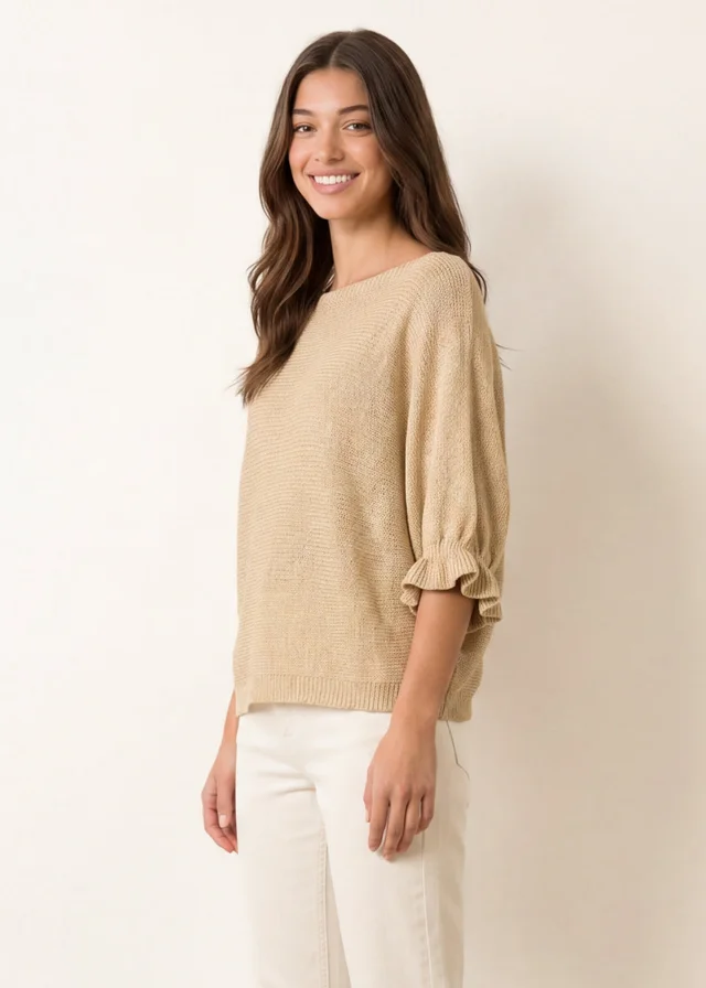 Blue Vanilla Beige Frill Sleeve Metallic Top