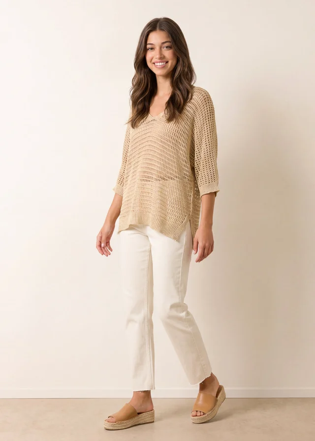 Blue Vanilla Gold Metallic Crochet V Neck Top