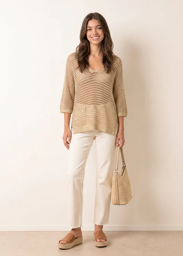 Blue Vanilla Gold Metallic Crochet V Neck Top