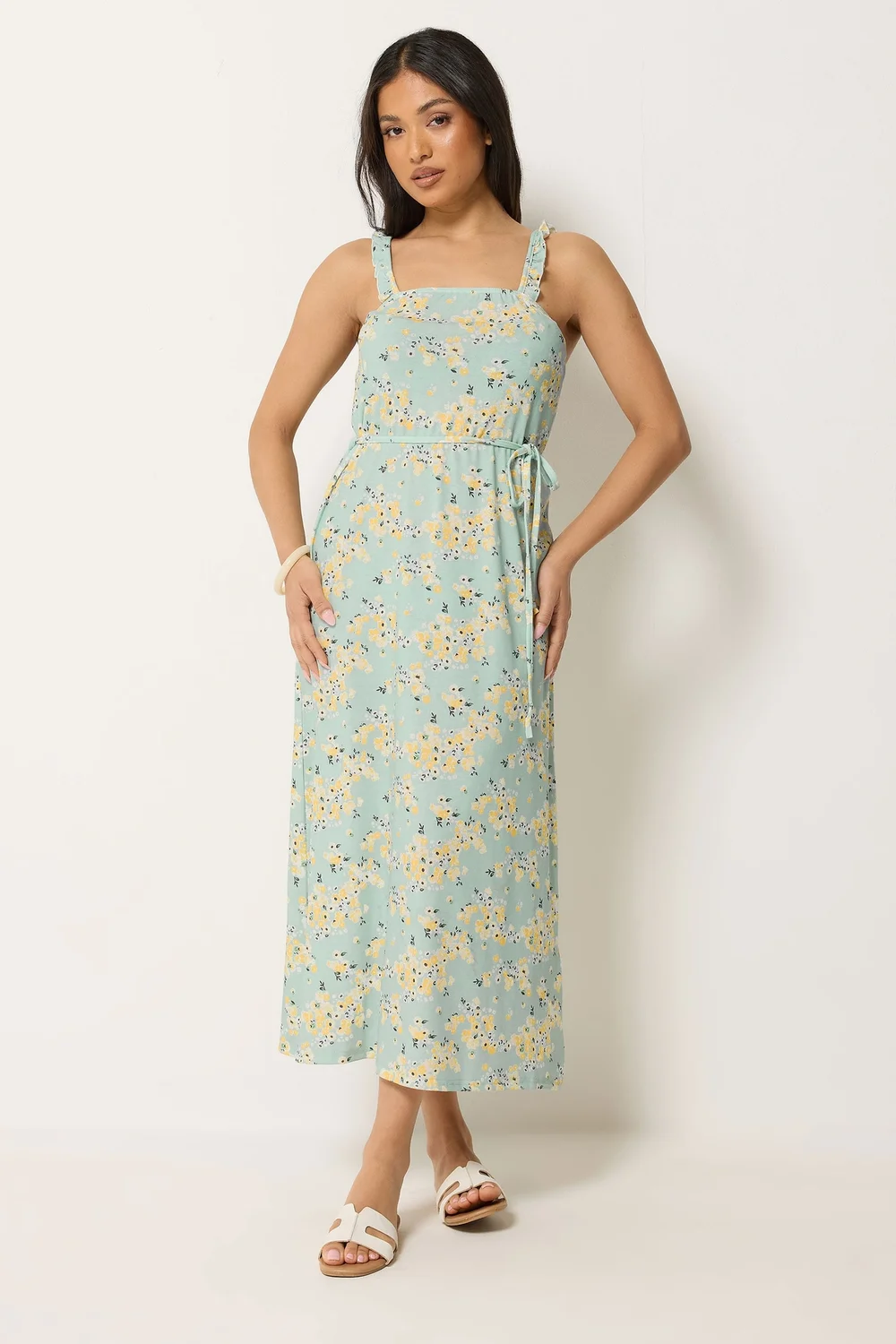 PixieGirl Petite Sage Green Ditsy Floral Belted Midi Dress - 10 Image 1