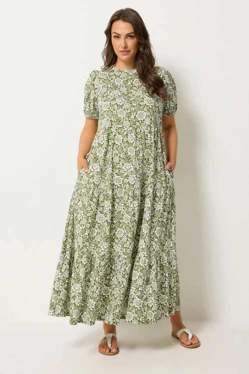 Yours Curve Green Floral Tiered Maxi Dress - 16 Image 1