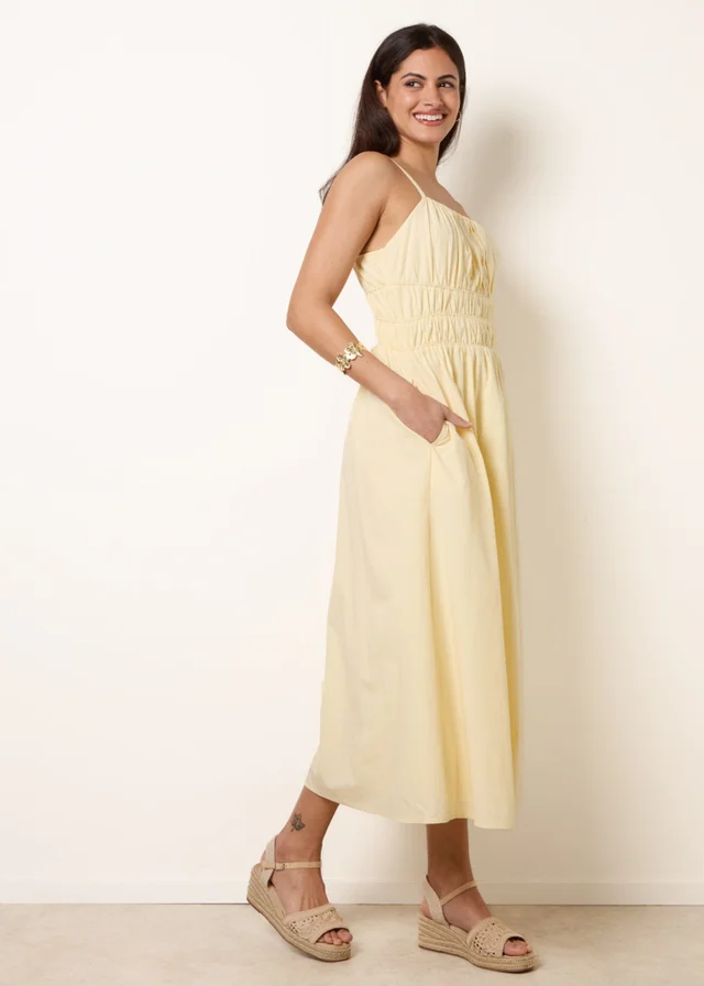 Blue Vanilla Yellow Ruched Binding Strappy Midi Dress