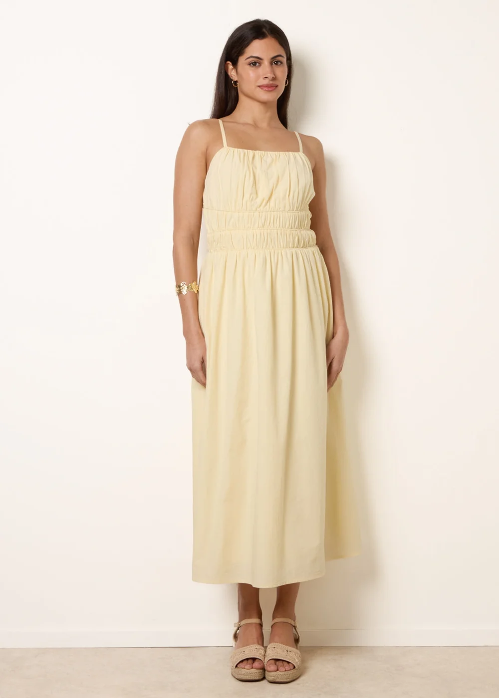 Blue Vanilla Yellow Ruched Binding Strappy Midi Dress - L Image 3