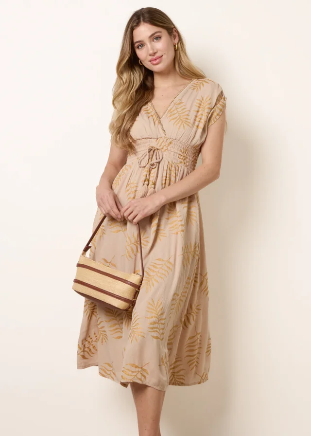 Blue Vanilla Beige Wrap Front Beaded Dress