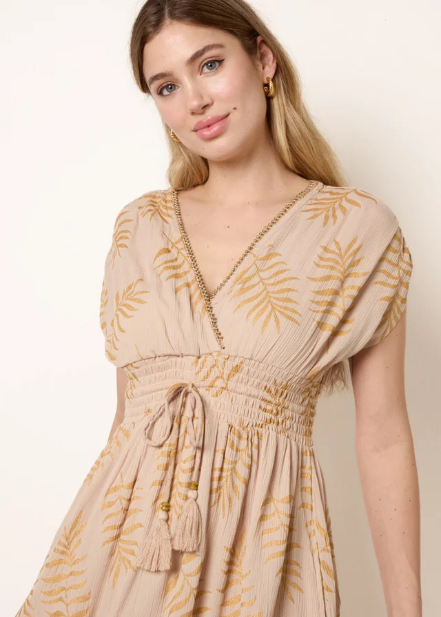 Blue Vanilla Beige Wrap Front Beaded Dress