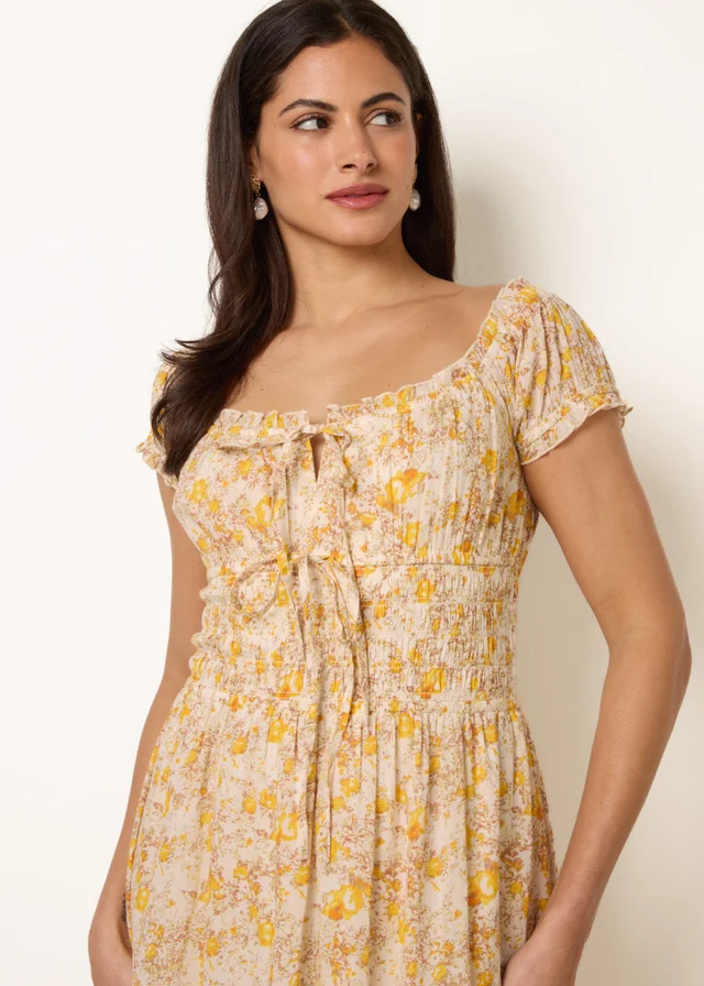Blue Vanilla Yellow Double Front Tie Shirred Ditsy Floral Maxi Dress