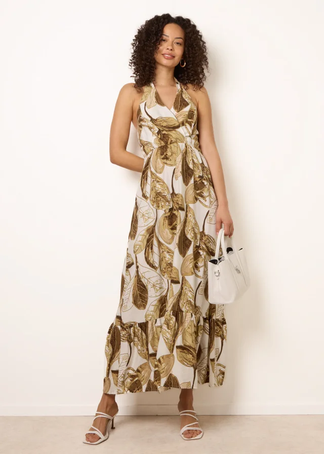 Blue Vanilla Brown Leaf Print Halter Neck Dress