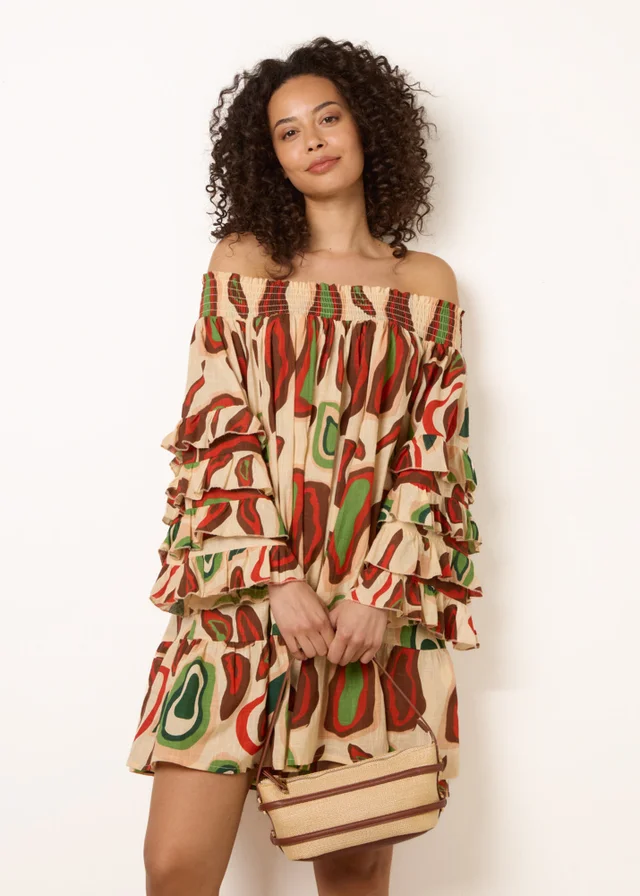 Blue Vanilla Multi Printed Frill Sleeve Bardot Off Shoulder Tunic Dress