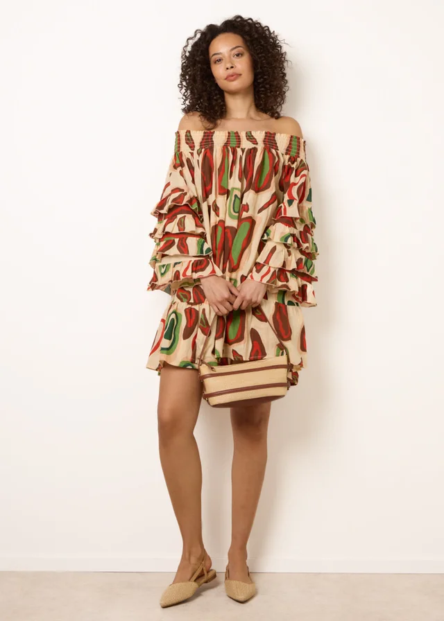 Blue Vanilla Multi Printed Frill Sleeve Bardot Off Shoulder Tunic Dress