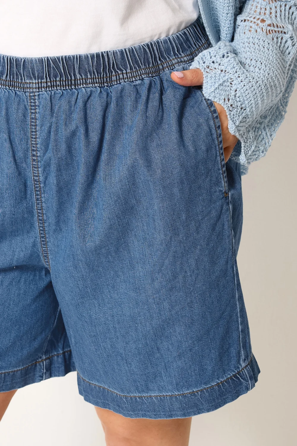 Yours Curve Mid Blue Elasticated Denim Shorts - 14 Image 4