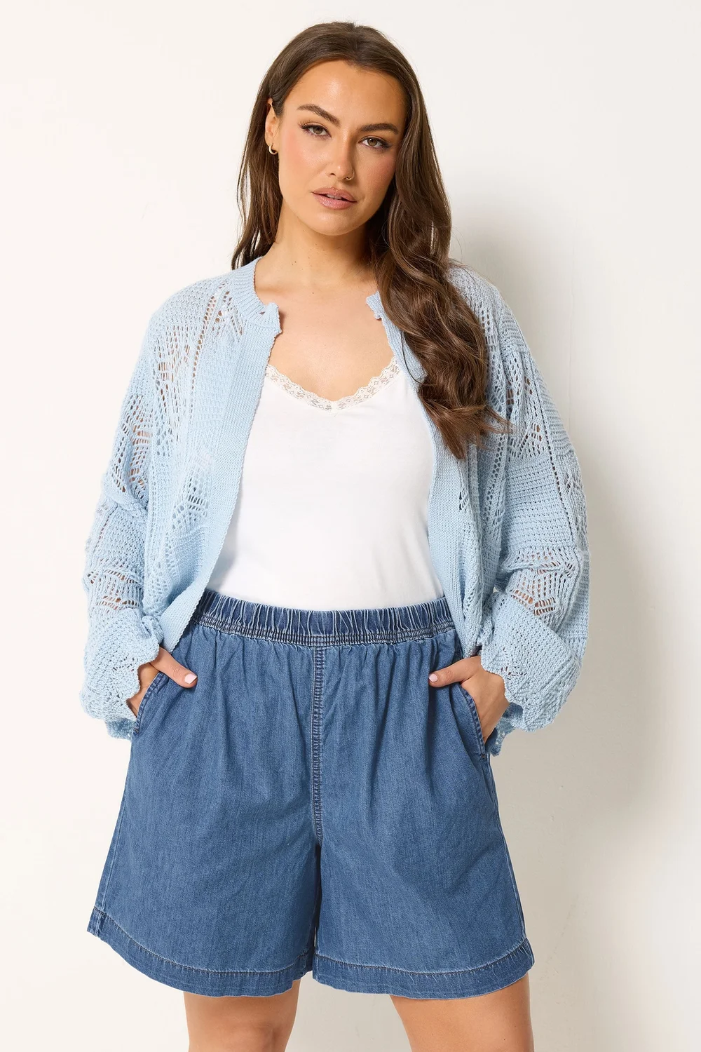 Yours Curve Mid Blue Elasticated Denim Shorts - 14 Image 1