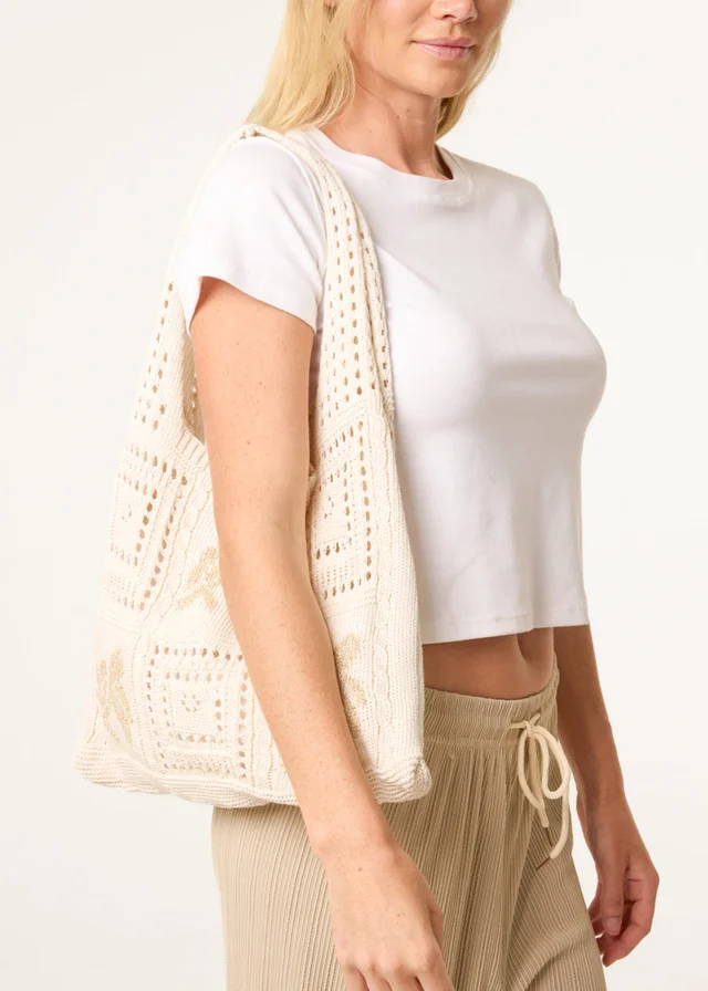 Blue Vanilla Beige Metallic Crochet Knit Bag