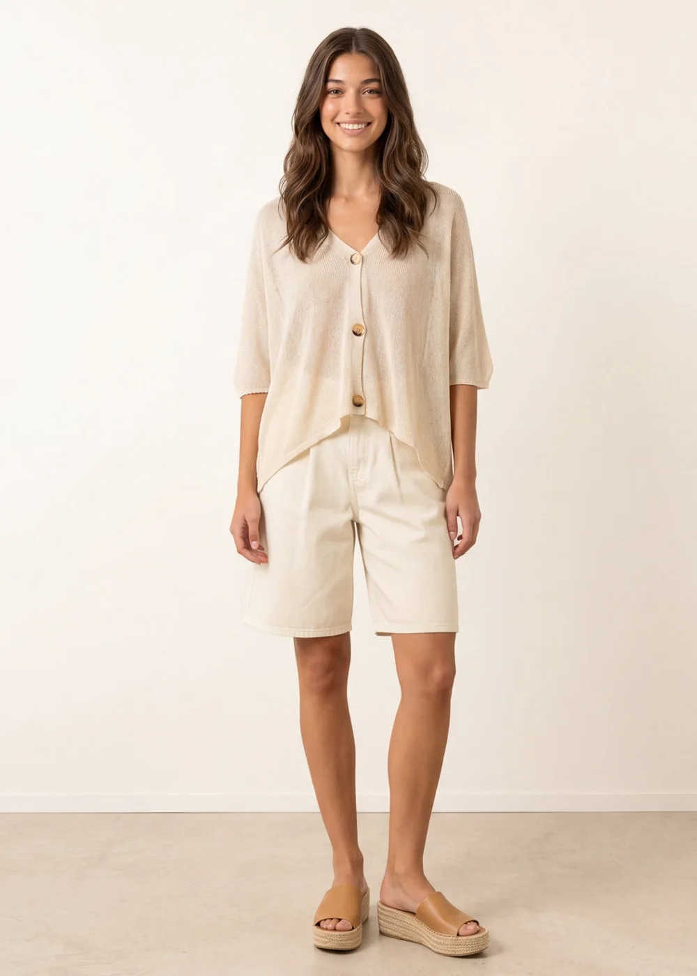 Blue Vanilla Beige Thin Knit Button Front Boxy Cardigan - One Size Image 1