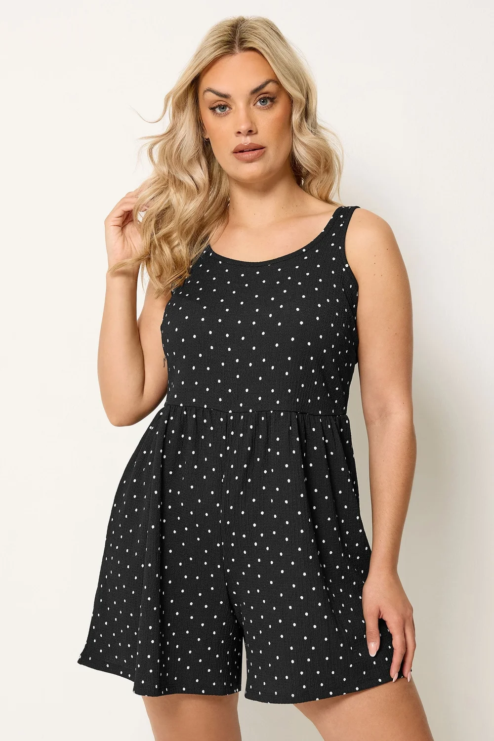 Yours Curve Black Polka Dot Smock Textured Playsuit - 22-24 Image 1