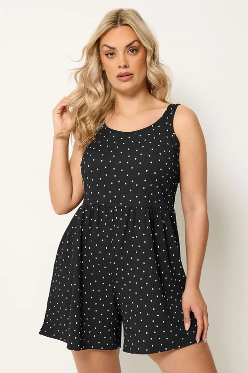 Yours Curve Black Polka Dot Smock Textured Playsuit - 22-24 Image 1