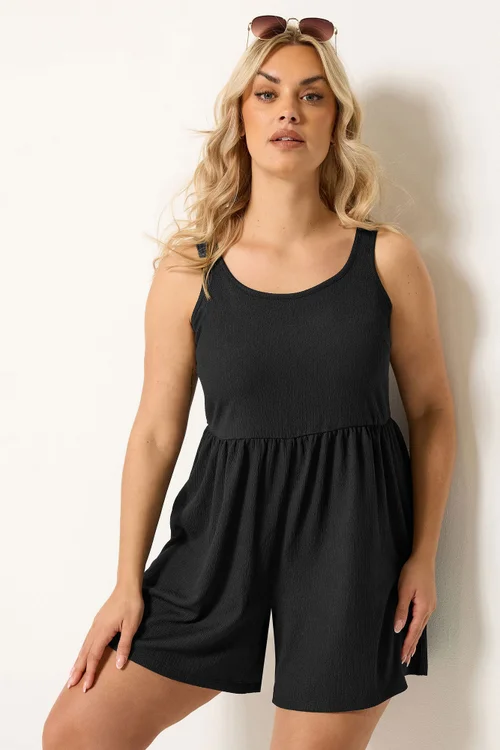 Yours Curve Black Smock Textured Playsuit - 34-36 Image 1