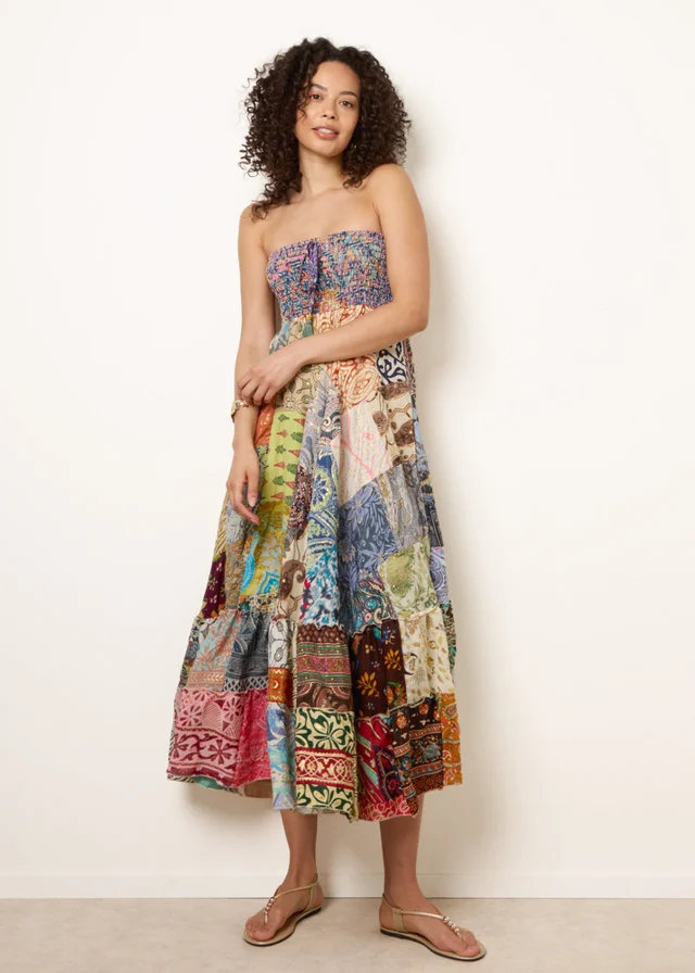 Blue Vanilla Multi Shirred Patchwork Art Bandeau Dress