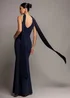 Goddiva Navy Blue Scuba & Velvet Satin Halterneck Maxi Dress With Back Sash - 10 Image 2