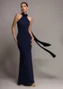 Goddiva Navy Blue Scuba & Velvet Satin Halterneck Maxi Dress With Back Sash - 10 Image 1